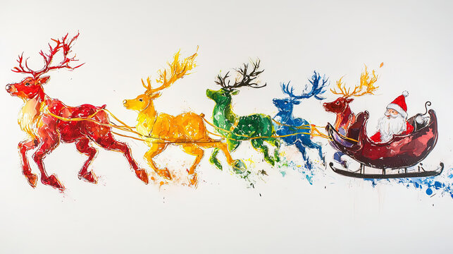 Colorful reindeer pulling Santa’s sleigh on white background 