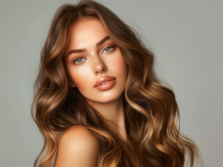 Naklejka premium Pretty brunette model woman with long curly hair. Young adult woman with hairstyle wavy curls. Fashion, beauty and makeup concept