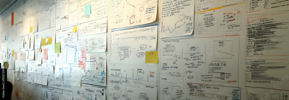Poster whiteboard densely filled with notes, sketches, and charts summarizing key takeaways from a producti