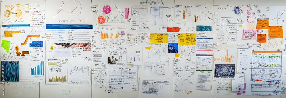 Poster Whiteboard densely filled with notes, sketches, and charts summarizing key takeaways from a productive month -