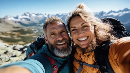 A joyful couple takes a selfie during their hike, with stunning mountains in the background, capturing their adventurous spirit in nature's breathtaking scenery.