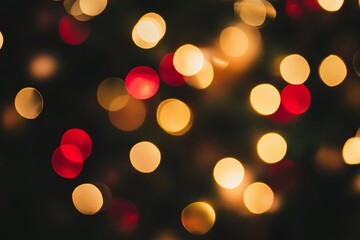 Obraz premium Shiny abstract bokeh of blurred golden and red lights on a dark background. Bright and festive design perfect for holiday decorations, Christmas ornaments, and seasonal backdrops.