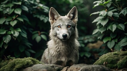 Fototapeta premium A wolf with amber eyes sits in a lush forest, its gaze piercing.