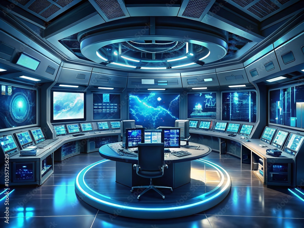 Poster futuristic command center with advanced technology, sleek design, and high-tech interfaces for scien