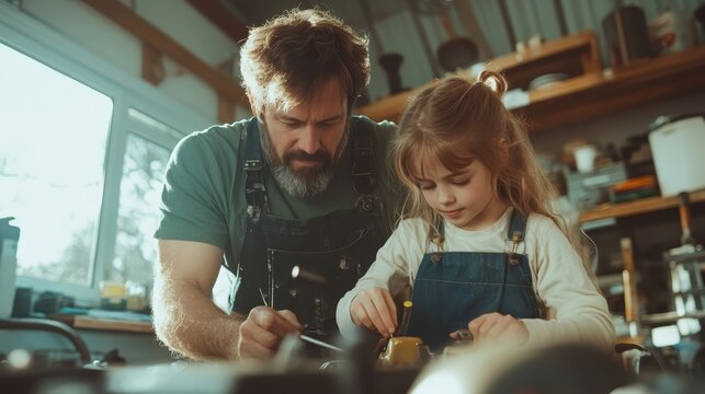 A father and young daughter collaborate in a sunlit workshop, sharing a heartwarming moment as they craft together, symbolizing family bond and creativity. - Powered by Adobe