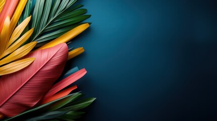 A creative collage of tropical leaves, artistically placed on a deep blue background, showcasing the vibrancy of nature's palette through a modern lens.