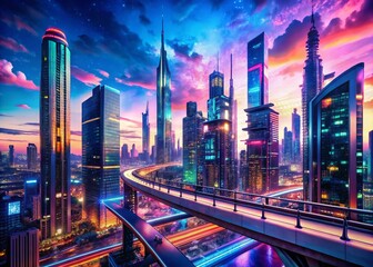 Fototapeta premium Futuristic Cyberpunk Cityscape with Neon Megastructures and Sky Bridges