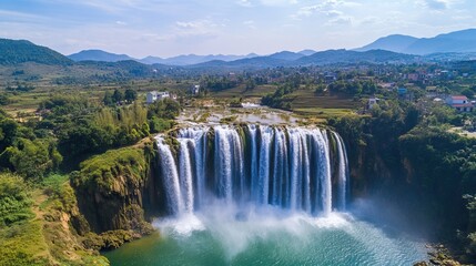 Fototapeta premium A Majestic Waterfall Cascading Over a Cliff in a Lush Green Valley