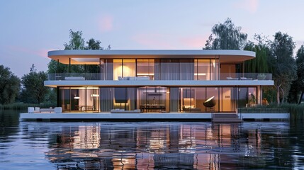 Obraz premium 3d rendering of modern house by the river at morning, house, luxury, villa, modern, architecture, building, exterior, residential, property, designer
