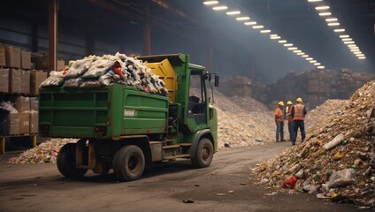 Inside a recycling facility, workers in safety gear discuss operations while a small truck transports waste. Piles of sorted materials fill the space, highlighting the recycling process