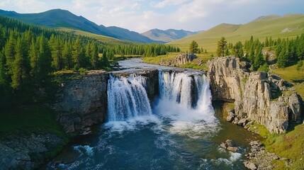 Fototapeta premium Majestic Waterfall Cascading Through Rocky Terrain