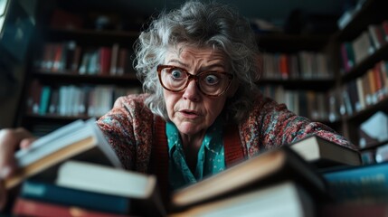An elderly woman with glasses exhibits a shocked expression amidst stacks of books, bringing an aura of surprise and literary exploration to the setting.