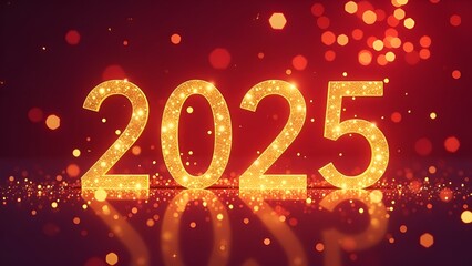 Numbers 2025 in gold color on a red festive background