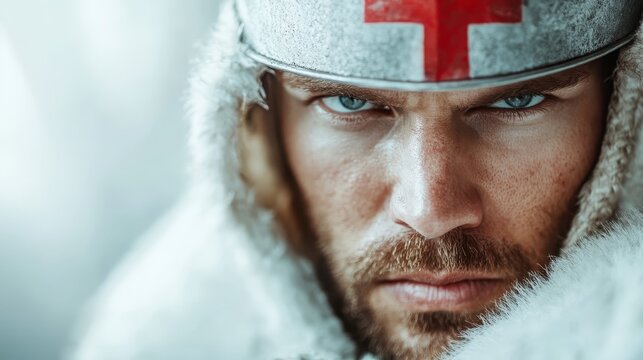 A knight, characterized by intensity and focus, wears a helmet marked with a red cross and a fur-lined cloak, prepared for historical combat in striking detail. - Powered by Adobe