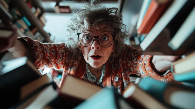 An elderly woman with a surprised expression is surrounded by towering shelves of books in a library, capturing an atmosphere of wonder and discovery.
