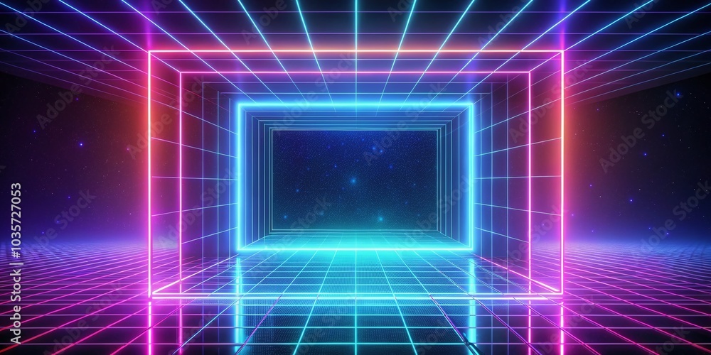 Poster futuristic neon abstract square frame in 90s retro style for digital art and design