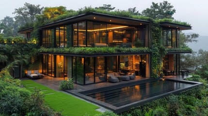 Fototapeta premium innovative ecofriendly home equipped with solar panels and lush greenery showcasing a modern and sustainable lifestyle nestled amidst nature promoting renewable energy usage