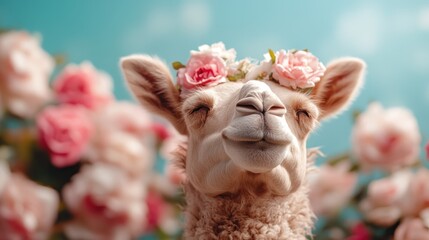 A llama with a serene expression wears a crown made of pink flowers against a background of roses, highlighting a whimsical and endearing scene full of sweetness.