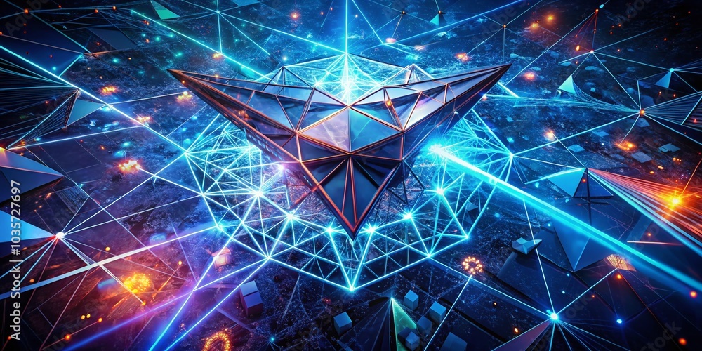 Poster futuristic science banner with glowing polygonal triangles and lines on dark blue background for tec