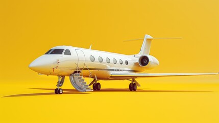 Isolated White Private Jet with Retractable Stairs on a Bright Yellow Background, Emphasizing Luxury Aviation and Exclusive Travel Experience