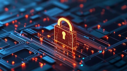 Cybersecurity firewall in a futuristic digital landscape, with a glowing lock overlaid on streams of encrypted data