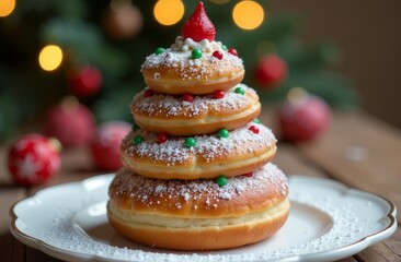 A lot of donuts are stacked on top of each other, similar in shape to a Christmas tree.