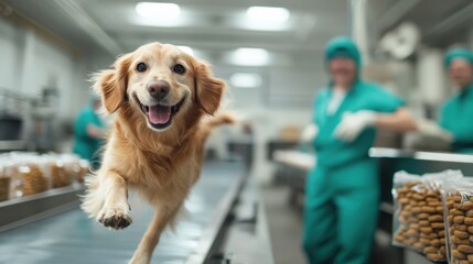 A cheerful dog runs across a conveyor belt in a bustling pet food packaging facility, where workers in uniforms package bags of nutritious dog treats.