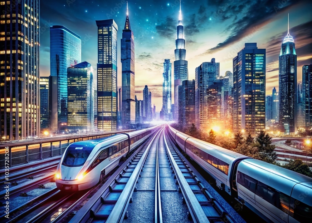 Poster futuristic urban scene with autonomous high-speed trains and bokeh effect for enhanced atmosphere