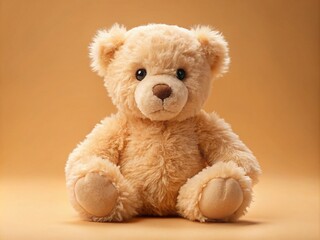 Fototapeta premium Fuzzy Peachcolored Teddy Bear on Soft Peach Background - Perfect for Cozy Decor and Children's Rooms
