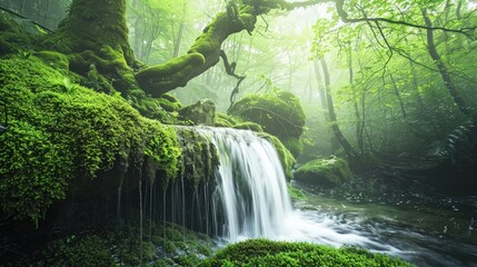 Waterfall in a Misty Forest