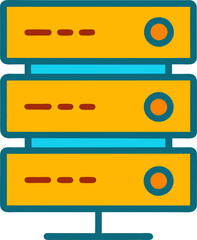 Fototapeta premium Minimalist server icon with colorful outline design, featuring red, white, blue, and yellow server stacks from front and side views, 심플한 디자인의 서버 아이콘, 빨간색, 흰색, 파란색, 노란색으로 구성된 서버 스택 전면 및 측면 뷰