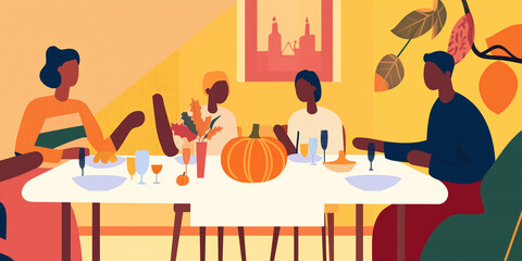 People illustration of people celebrating thanksgiving dinner, whimsical style