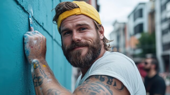 A smiling man with a beard and backwards yellow hat paints a colorful wall. His tattooed arm and paint-splattered t-shirt highlight the creative atmosphere.