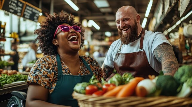 A joyful scene in a market where a cheerful chef and a woman with sunglasses laugh together, surrounded by fresh vegetables and vibrant energy. - Powered by Adobe