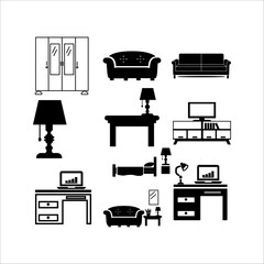 Home furniture icons set in isometry. Household and office furniture and equipment.
