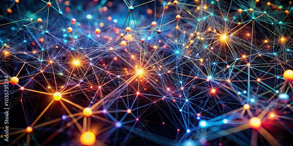 Poster glowing plexus neural network connections in night photography for abstract art and technology