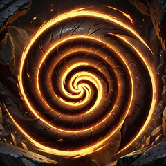 A glowing orange spiral, possibly made of fire, is centered in the image, surrounded by rocky terrain. The spiral appears to be swirling inward, creating a sense of intense energy.