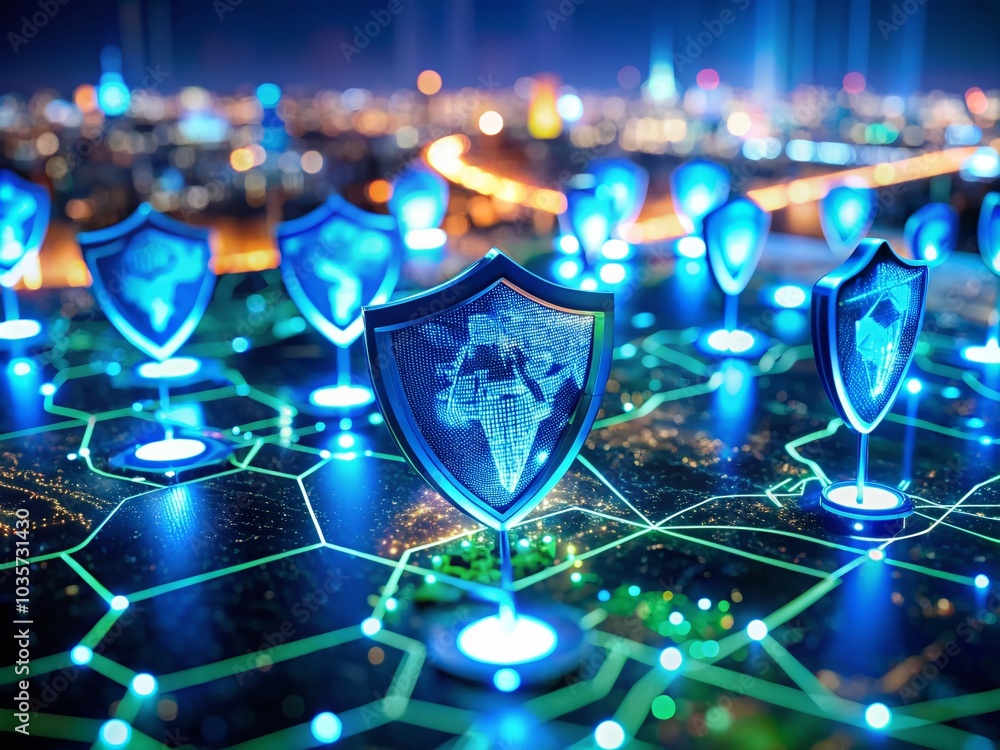 Poster glowing security shields connected across a digital map in tilt-shift photography style