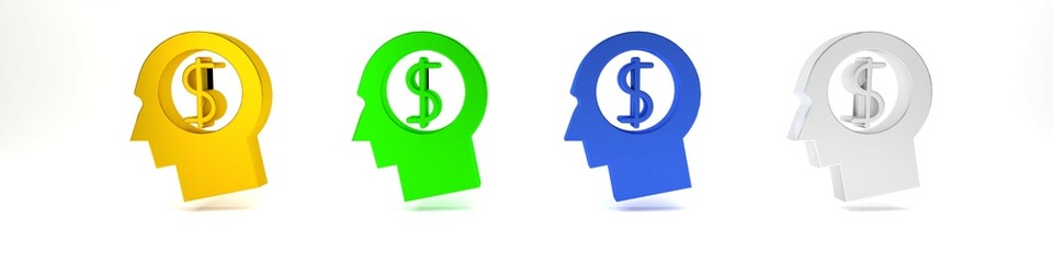 Colorful Business man planning mind icon isolated on white background. Head with dollar. Idea to earn money. Business investment growth. Minimalism concept. 3D render illustration