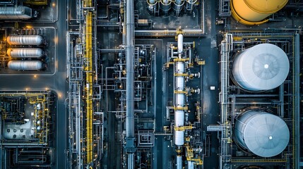A bird's-eye view of a modern petrochemical plant, highlighting the vast scale of its pipe systems and towering storage tanks.
