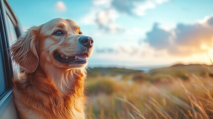 Obraz premium joyful golden retriever with its head joyfully out of a car window wind ruffling its fur as it gazes at the passing countryside embodying pure happiness