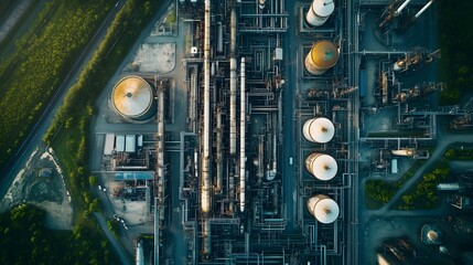 A high-altitude drone view of a massive petrochemical plant surrounded by greenery, with pipelines and tanks spread across the landscape.