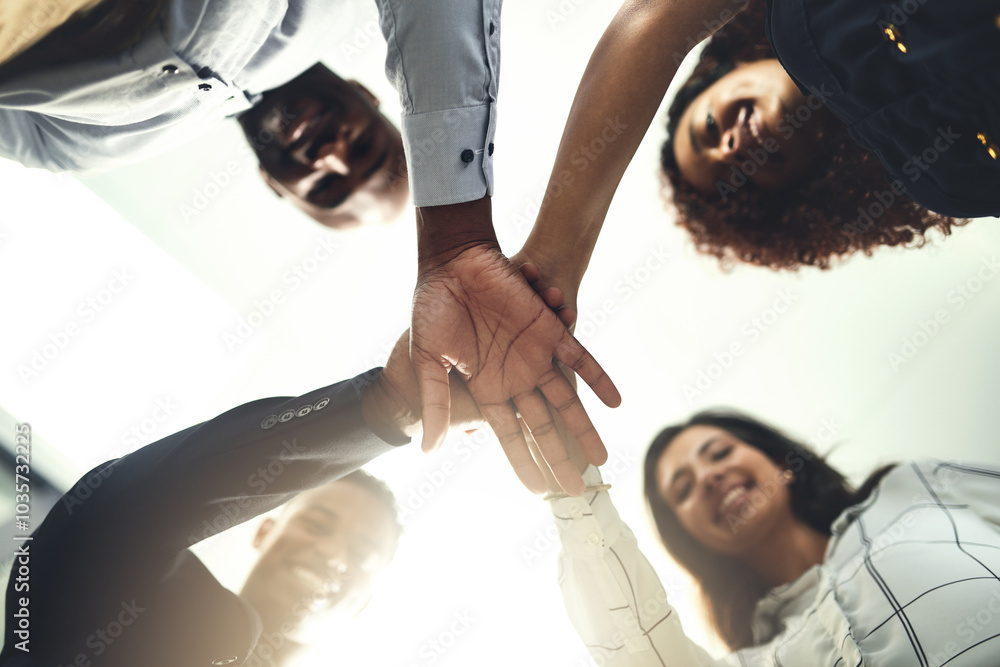 Poster Business people, huddle and pile of hands in office, team building and support in project. Employees, low angle and together in solidarity for company growth, collaboration and united in mission