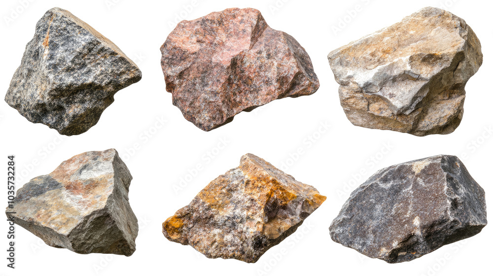 Poster collection of broken stones isolated for geological analysis generative ai