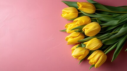 Obraz premium A delightful bouquet of yellow tulips lies on a textured pink background, offering a cheerful and lively atmosphere that brings a sense of renewal and joy in its display.