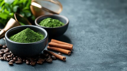 Artful arrangement of matcha powder in a bowl with coffee beans and cinnamon sticks on a textured surface, evoking a sense of culinary artistry and aromatic richness.
