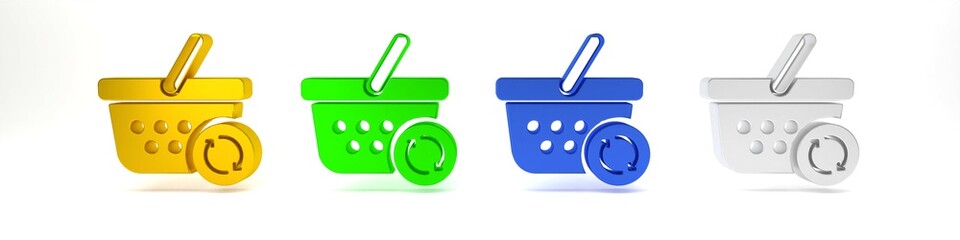Colorful Refresh shopping basket icon isolated on white background. Online buying concept. Delivery service sign. Update supermarket basket. Minimalism concept. 3D render illustration