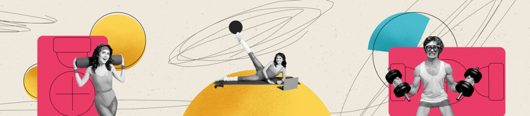 Creative panorama illustration collage of young woman in sportswear and guy with dumbbells training...