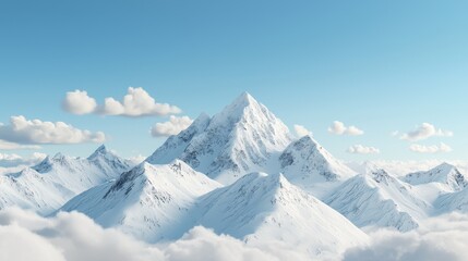 Obraz premium A breathtaking snow-capped mountain peak rises majestically, surrounded by fluffy clouds under a clear blue sky.