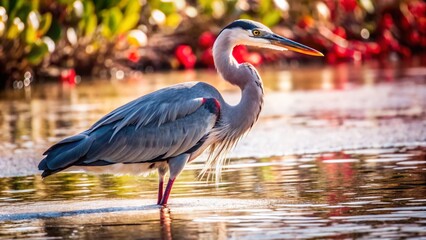 Obraz premium Great Blue Heron Wading in Shallow Water at Ding Darling Refuge, Sanibel Island, Florida